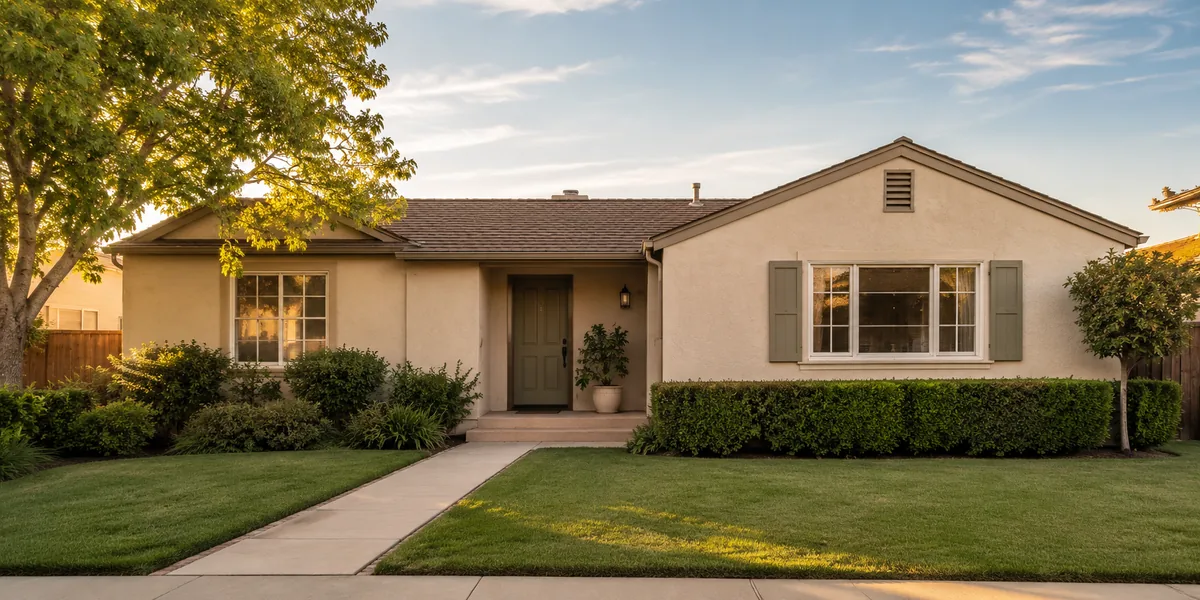 A well-kept single-story California home with golden morning light, neutral stucco, and tidy landscaping, ready for sale during a divorce.