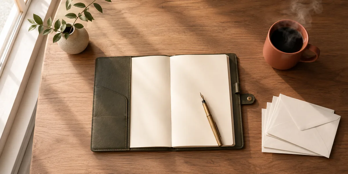 An organized wooden desk with an open notebook, fountain pen, and morning coffee — suggesting steady planning through the divorce real estate process.