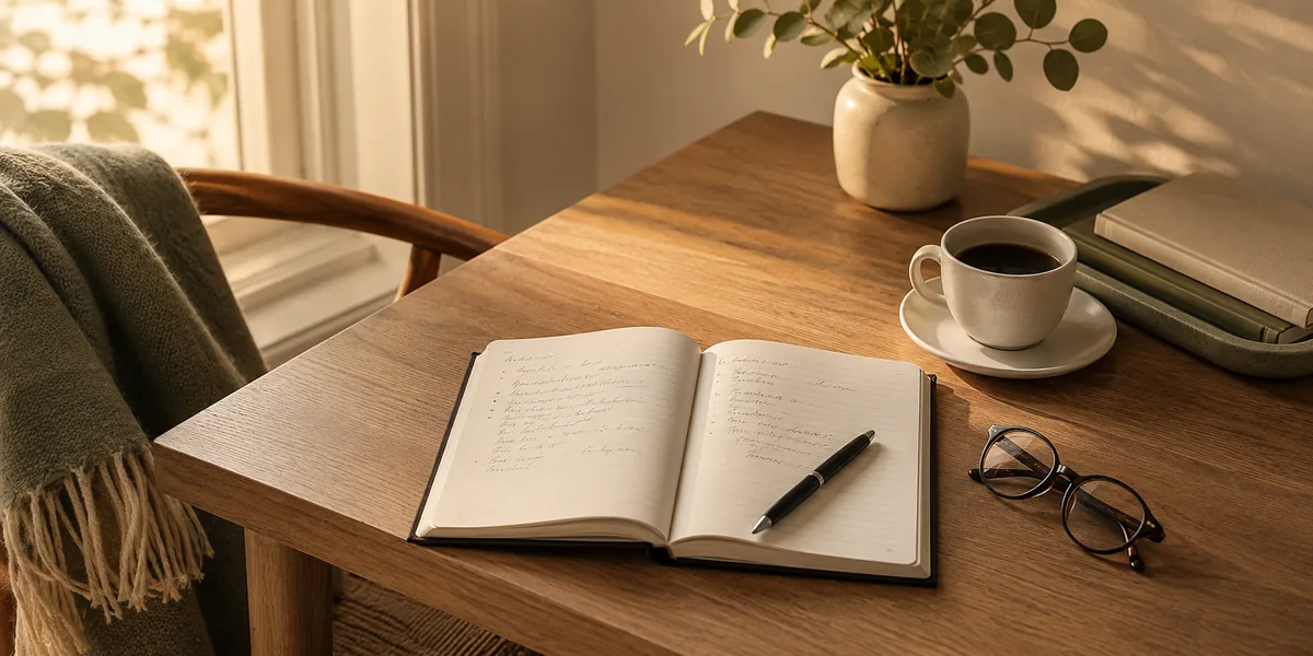 A quiet home office desk with an open notebook, handwritten notes, coffee cup, and reading glasses in warm afternoon light — financial planning during divorce.
