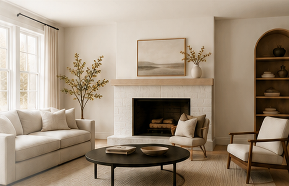 A calm, sunlit living room with neutral tones and a quiet, considered atmosphere.